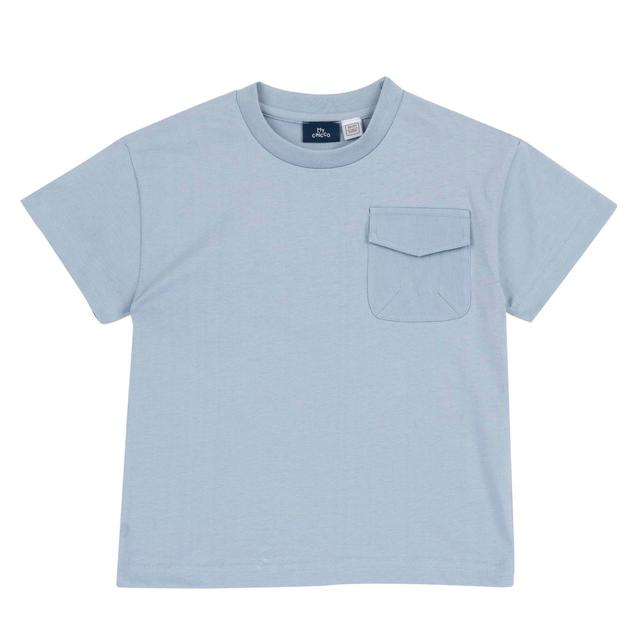 Maglietta azzurra a manica corta in cotone sostenibile per bambino Chicco con tasca e stampa sul retro, certificata Oeko-Tex. | Chicco