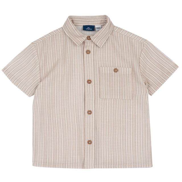 Camicia a maniche corte grigia per bambino in cotone rigato effetto garza, con bottoni effetto legno e taschino decorativo, collezione Chicco. | Chicco