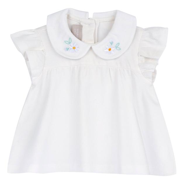 Maglietta manica corta bianca per bambina Chicco con collo baby ricamato a fiorellini e bottoncini posteriori a forma di fiore. | Chicco
