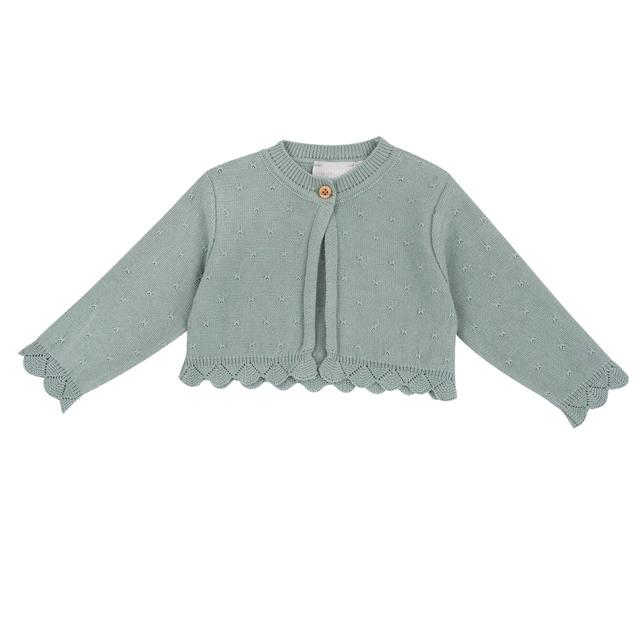 Cardigan in maglia girocollo verde per bambina Chicco in tricot 100% cotone con traforatura e bottoncino effetto legno. | Chicco