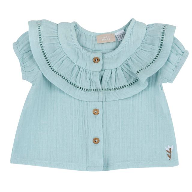 Camicia verde in garza di cotone sostenibile per bambina Chicco con maniche a palloncino, ricamo floreale e balza con nastro traforato. | Chicco