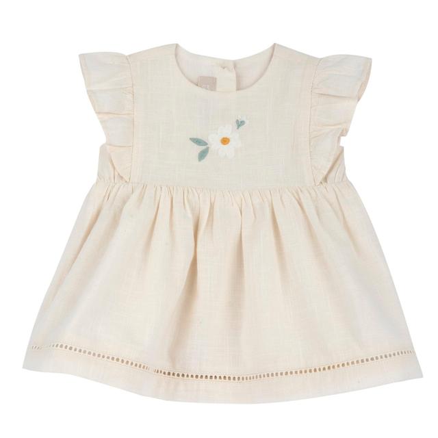 Vestito bianco girocollo manica ad aletta per bambina Chicco in cotone effetto lino con ricamo floreale e nastro traforato sul fondo. | Chicco