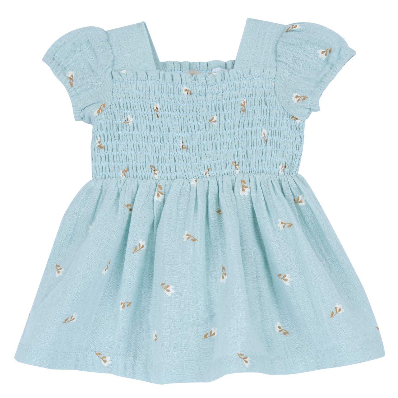 Vestito verde a manica corta Chicco per bambina con collo squadrato, maniche a palloncino in garza di cotone stampato e fantasia di fiorellini. | Chicco