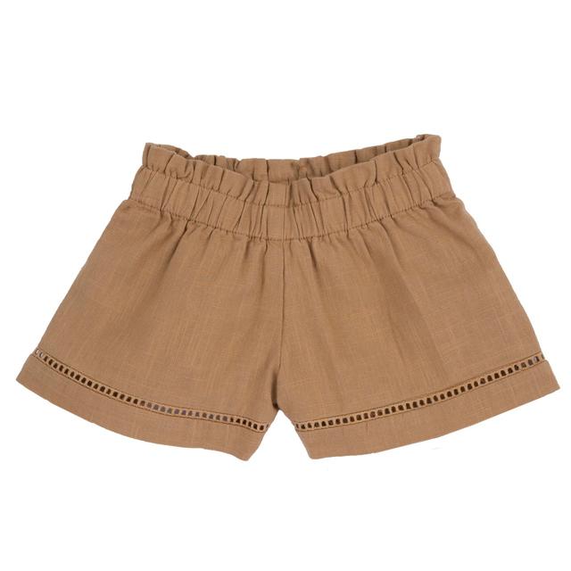 Pantaloni corti beige in cotone effetto lino per bambina Chicco, con vita elasticata e nastro traforato sul fondo gamba, ideali per la primavera/estate. | Chicco