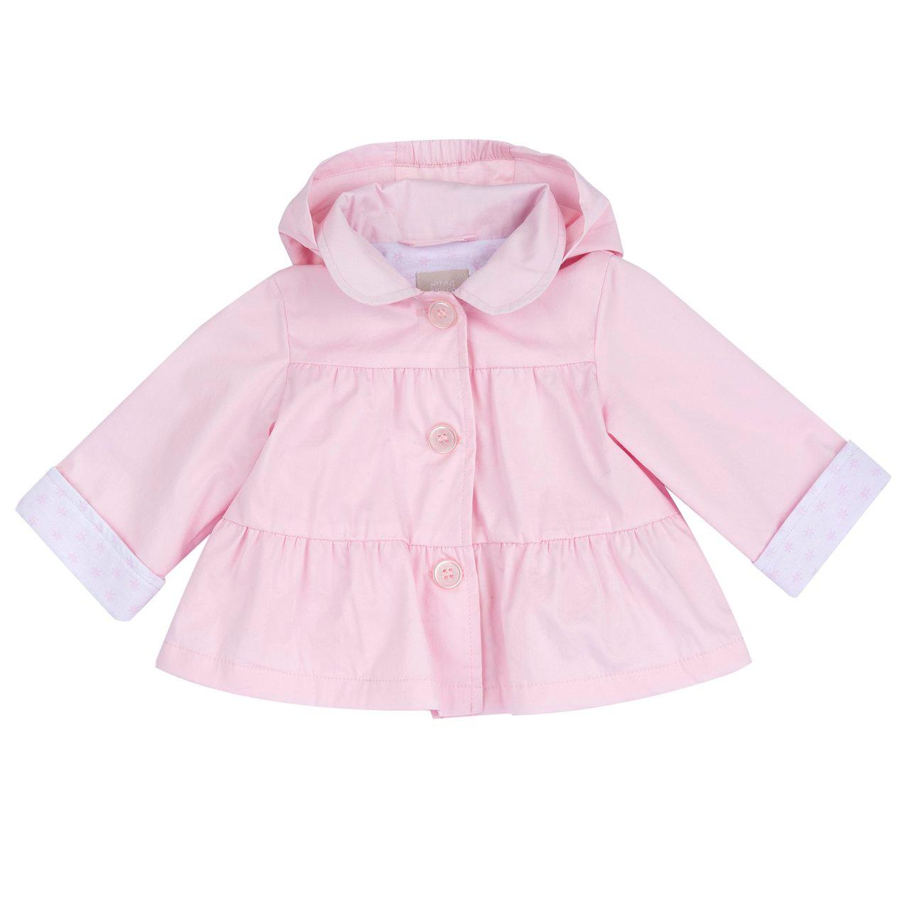 Giubbino foderato rosa Chicco per bambina con cappuccio rimovibile e fodera in jersey di cotone, dettagli floreali e bottoni effetto madreperla. | Chicco