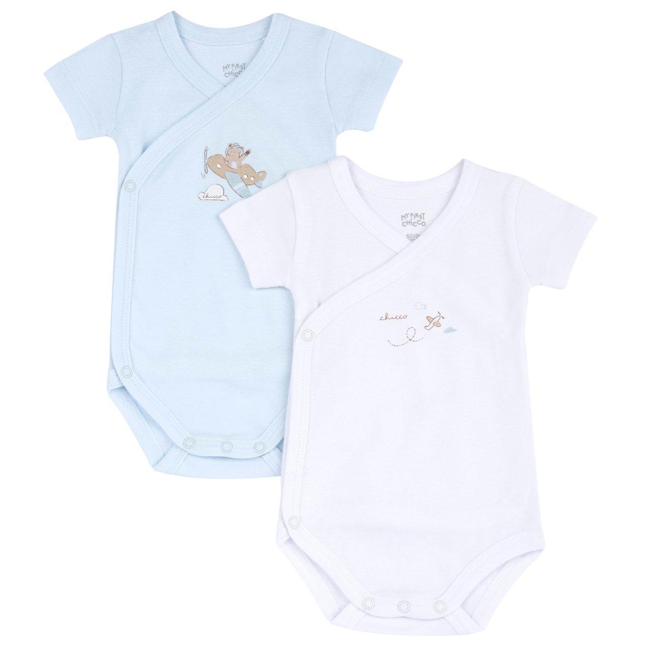 Set due body intimo bambina manica corta rosa in cotone sostenibile Chicco con grafica stampata e apertura incrociata. | Chicco
