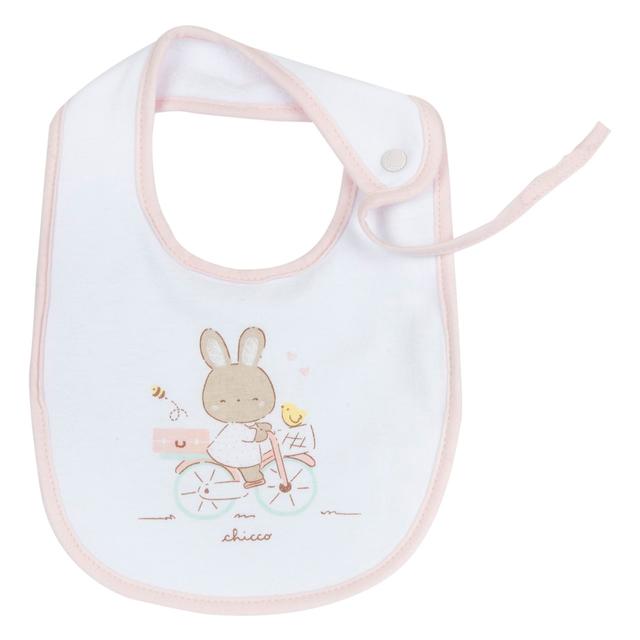 Bavaglino Chicco rosa in jersey di cotone con retro in spugna, grafica stampata e laccetto porta succhietto, ideale per bambine. | Chicco