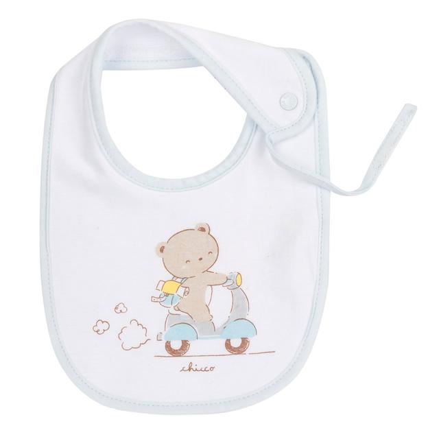 Bavaglino Chicco rosa in jersey di cotone con retro in spugna, grafica stampata e laccetto porta succhietto, ideale per bambine. | Chicco