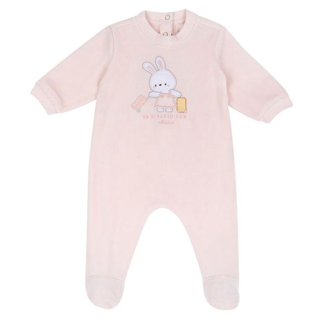 Tutina girocollo rosa in ciniglia per bambina Chicco, con apertura posteriore a bottoni automatici, applicazioni e ricami, e stampa antiscivolo sotto i piedini. | Chicco