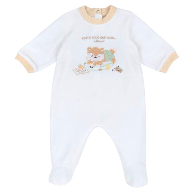 Tutina girocollo rosa in ciniglia per bambina Chicco, con apertura posteriore a bottoni automatici, applicazioni e ricami, e stampa antiscivolo sotto i piedini. | Chicco