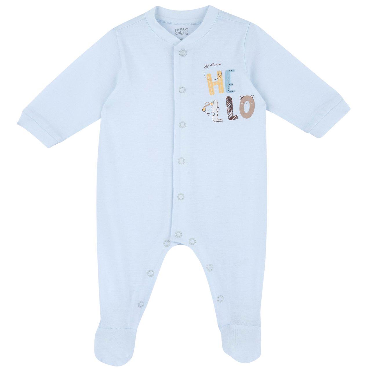 Tutina azzurra Chicco aperta davanti in jersey di cotone sostenibile per neonato, con stampa grafica e piedini antiscivolo. | Chicco