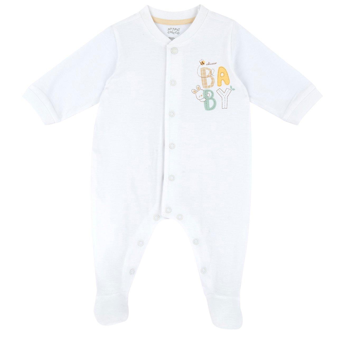 Tutina azzurra Chicco aperta davanti in jersey di cotone sostenibile per neonato, con stampa grafica e piedini antiscivolo. | Chicco