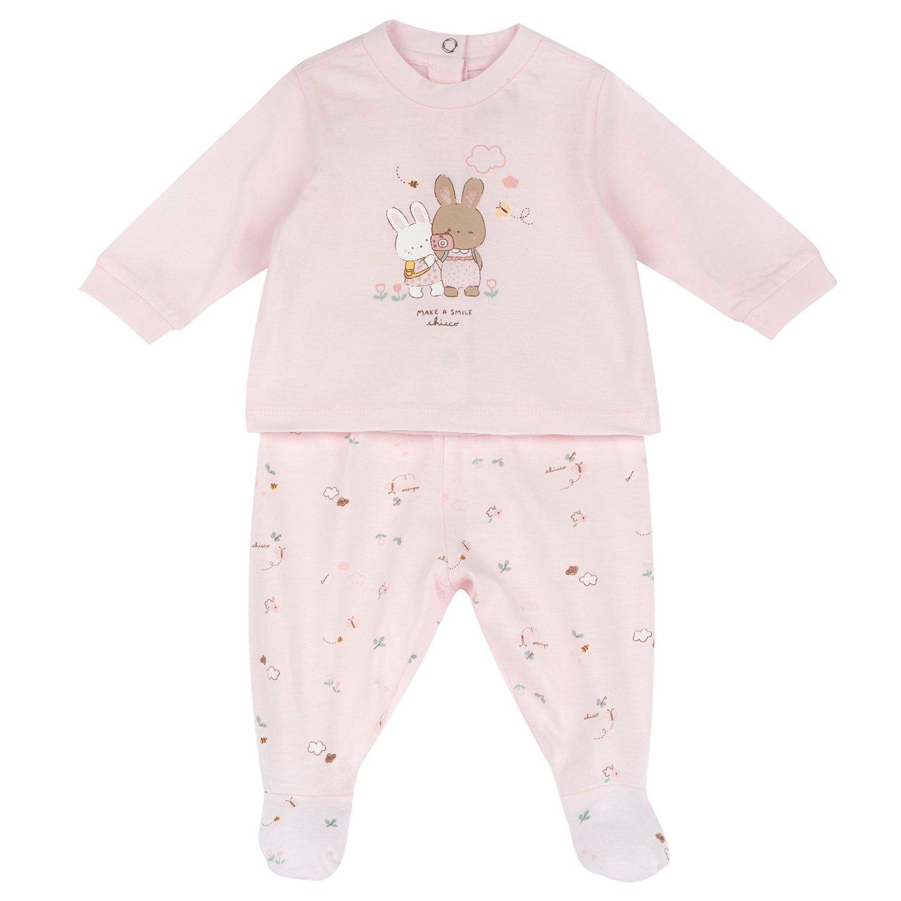 Completo Chicco rosa per bambina in morbido jersey di cotone sostenibile, con maglia a grafica stampata e pantaloni fantasia con piedini. | Chicco