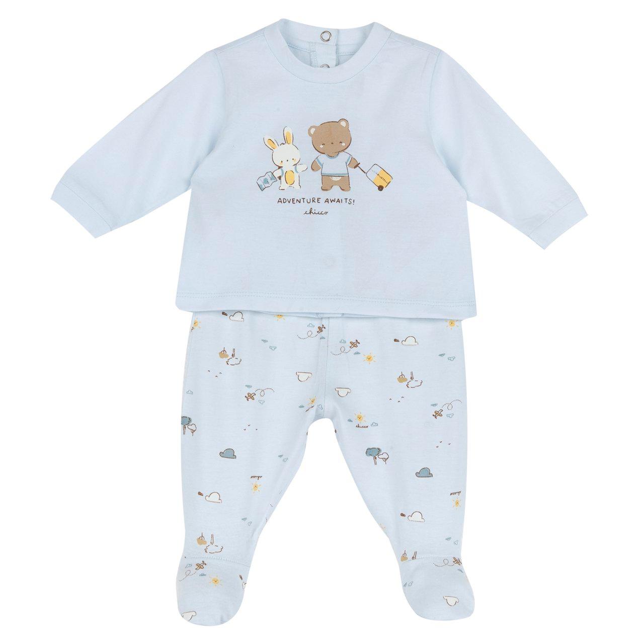 Completo Chicco rosa per bambina in morbido jersey di cotone sostenibile, con maglia a grafica stampata e pantaloni fantasia con piedini. | Chicco