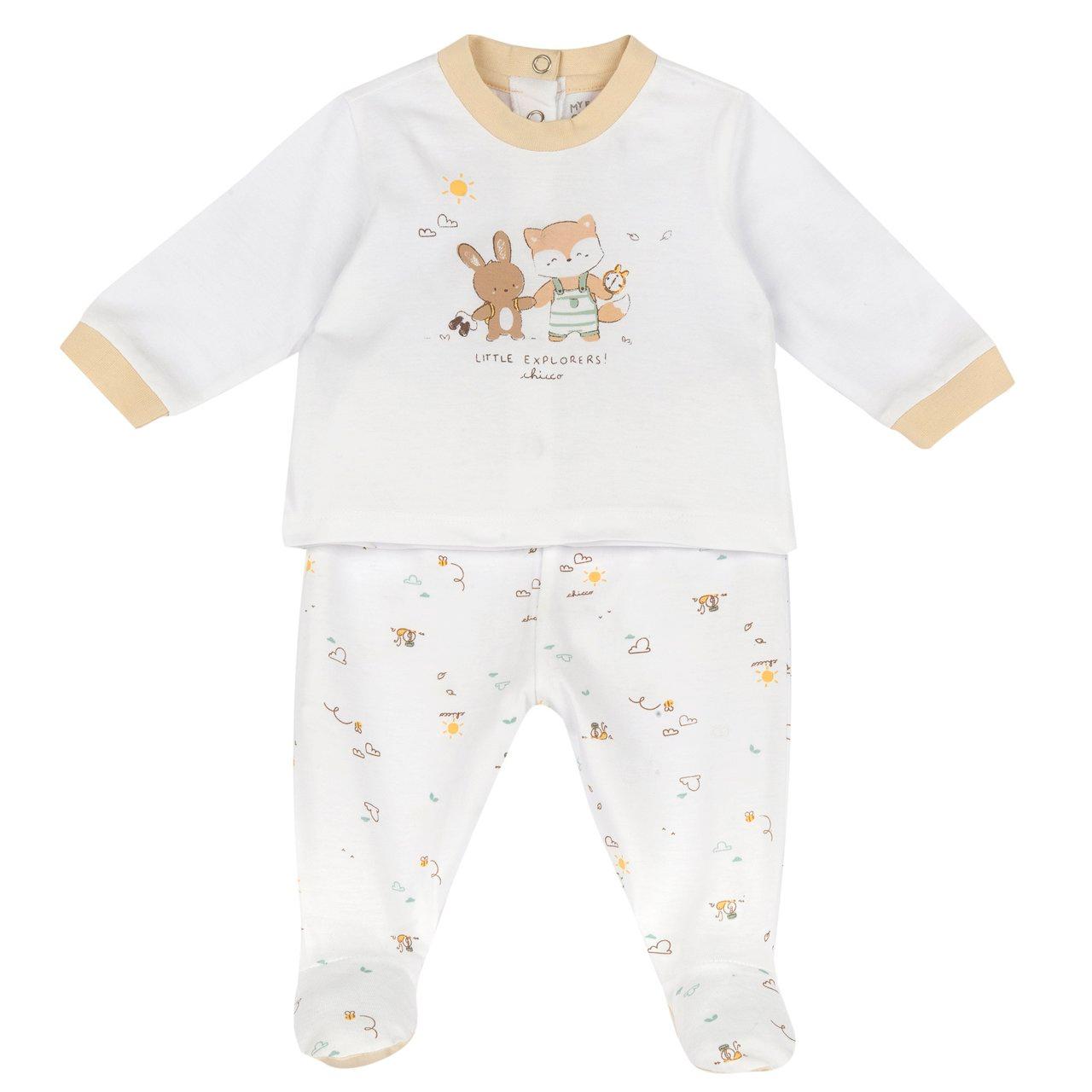 Completo Chicco rosa per bambina in morbido jersey di cotone sostenibile, con maglia a grafica stampata e pantaloni fantasia con piedini. | Chicco