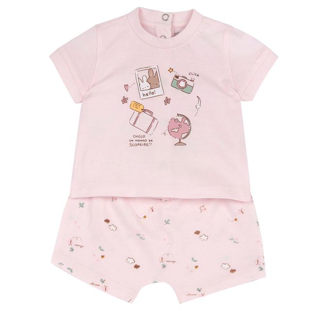 Completo Chicco in cotone sostenibile per bambina, maglietta rosa a manica corta con bottoni e pantaloni corti fantasia, ideale primavera/estate. | Chicco