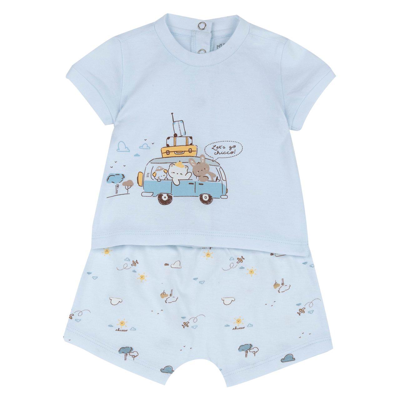 Completo Chicco in cotone sostenibile per bambina, maglietta rosa a manica corta con bottoni e pantaloni corti fantasia, ideale primavera/estate. | Chicco