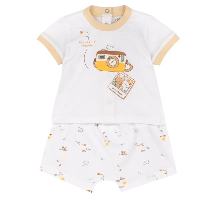 Completo Chicco in cotone sostenibile per bambina, maglietta rosa a manica corta con bottoni e pantaloni corti fantasia, ideale primavera/estate. | Chicco