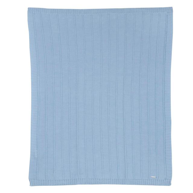 Coperta per carrozzina Chicco in maglia misto cotone azzurro, con lavorazione a punti raffinata e medaglietta effetto madreperla, certificata Oeko-Tex. | Chicco