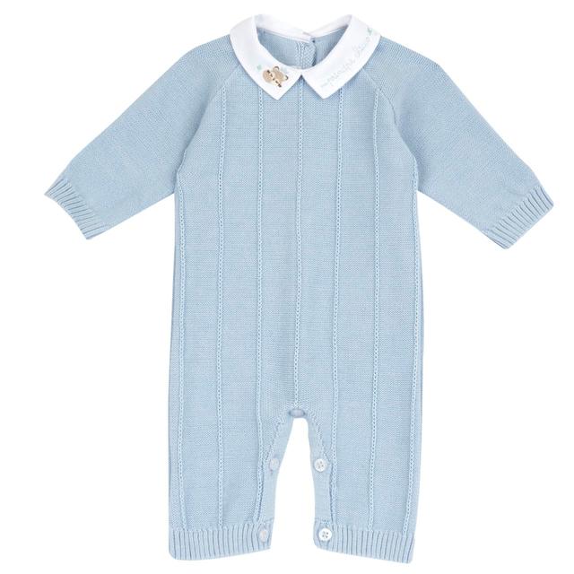Tutina azzurra Chicco in maglia misto cotone per neonato con colletto ricamato e apertura interna alla gamba, ideale per primavera ed estate. | Chicco