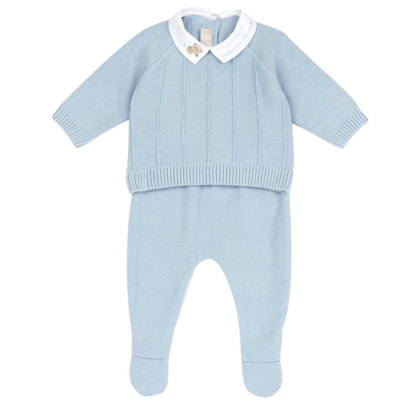 Completo azzurro Chicco in maglia misto cotone per neonato, composto da maglia con colletto ricamato e pantaloni con piedini, ideale per la primavera/estate. | Chicco