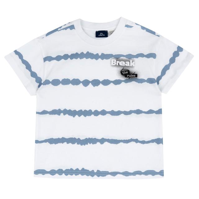 Maglietta a manica corta azzurra per bambino con stampa rigata irregolare e dettagli sfumati sul petto, in cotone sostenibile certificato Oeko-Tex. | Chicco