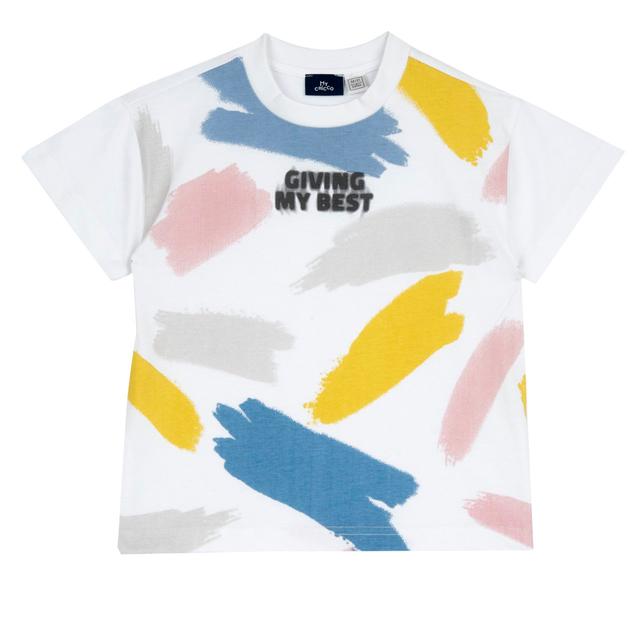 Maglietta a manica corta bianca in cotone per bambino Chicco con stampa effetto murales, ideale per primavera/estate. | Chicco