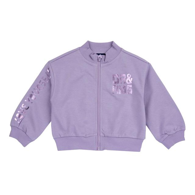 Felpa zippata viola Chicco per bambina in cotone sostenibile Oeko-Tex, con stampa effetto lucido e cursore a forma di cuore. | Chicco