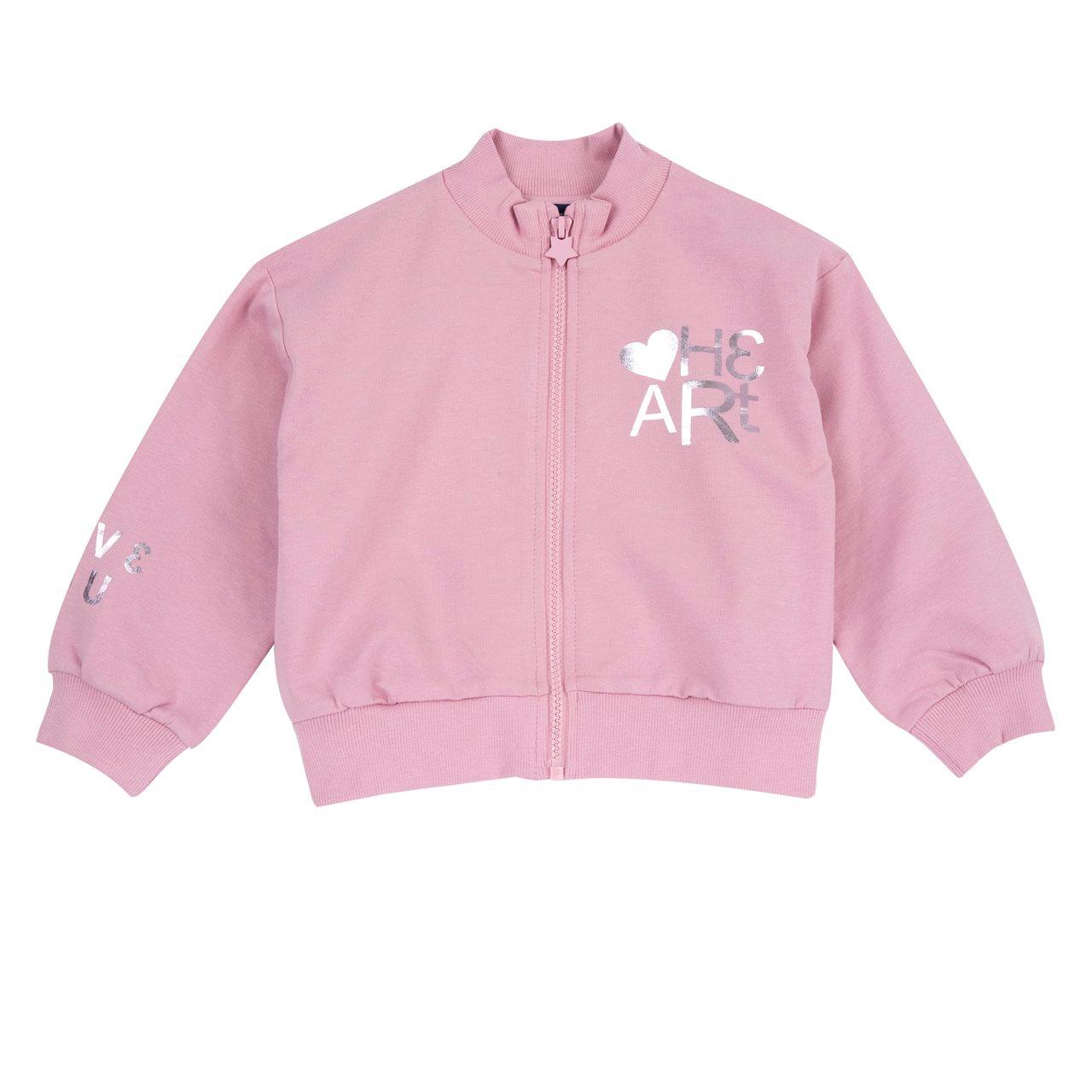 Felpa zippata viola Chicco per bambina in cotone sostenibile Oeko-Tex, con stampa effetto lucido e cursore a forma di cuore. | Chicco
