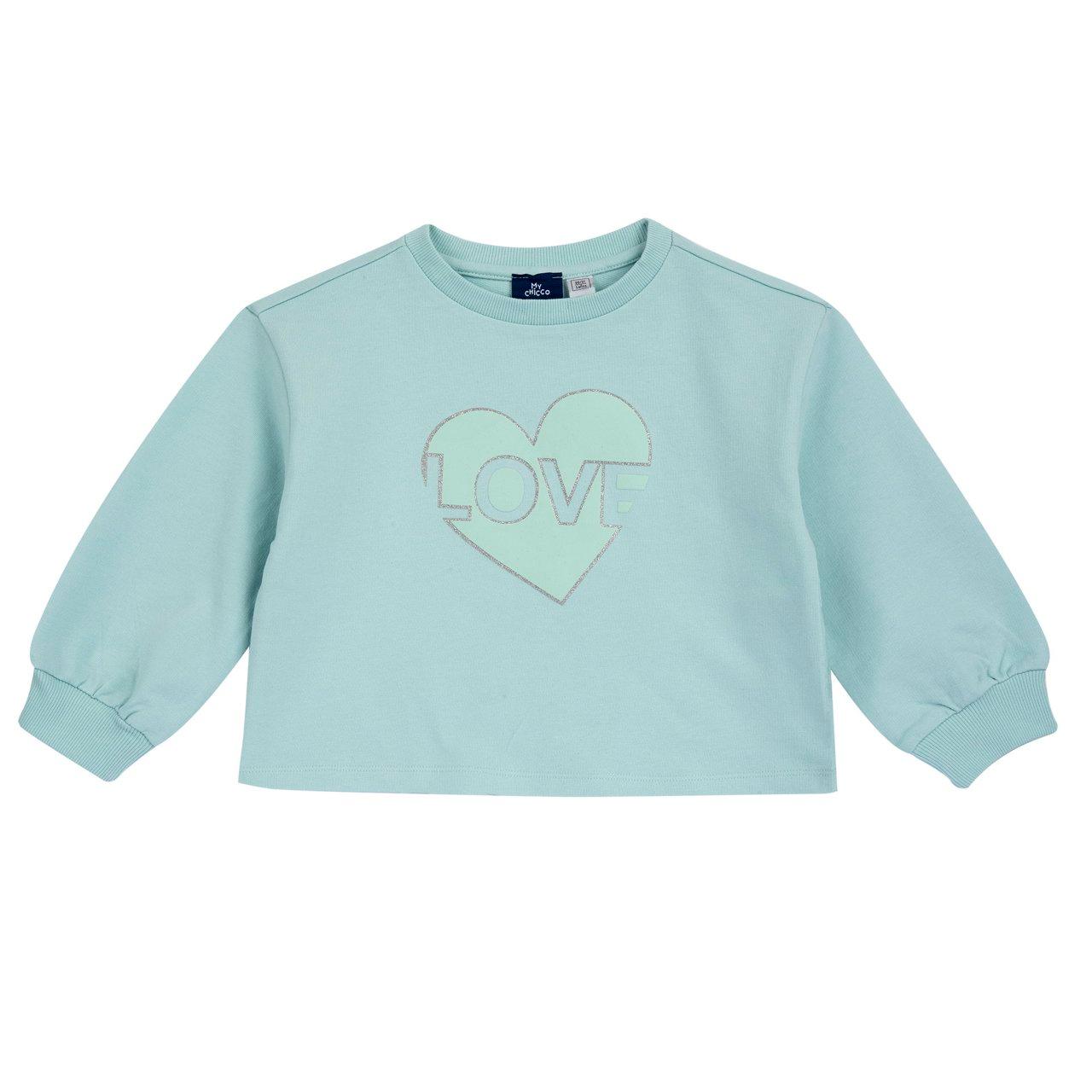 Felpa girocollo azzurra per bambina Chicco con stampa glitter, cotone sostenibile, collo e polsi elasticizzati. | Chicco