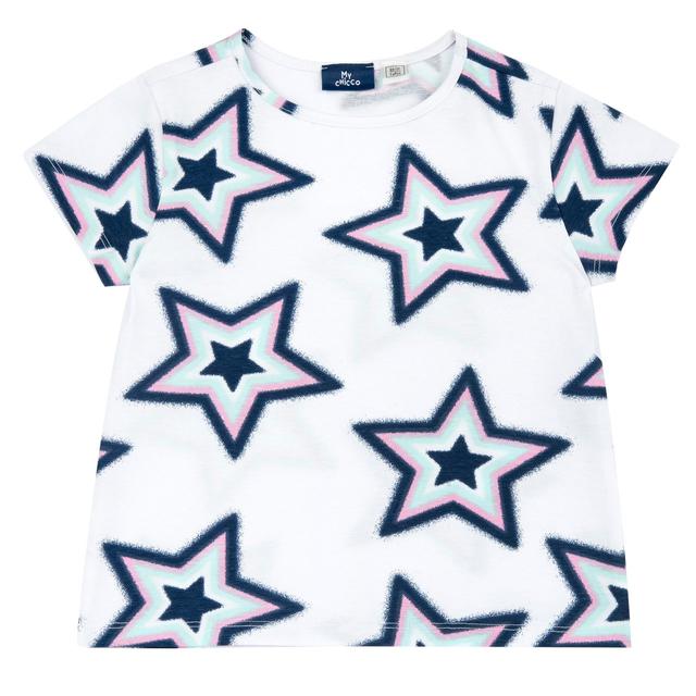 Maglietta a manica corta rosa per bambina Chicco con stampa stelle in jersey elasticizzato di cotone sostenibile. | Chicco