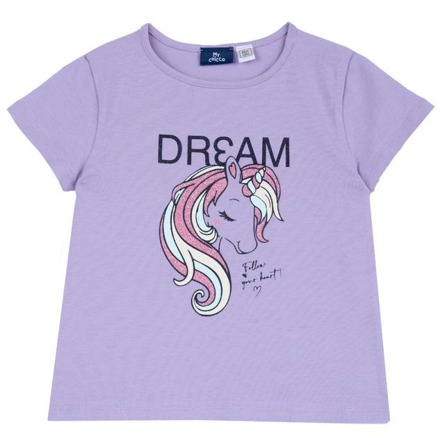 Maglietta manica corta viola per bambina Chicco con stampa unicorno glitterato, in cotone sostenibile Oeko-Tex. | Chicco
