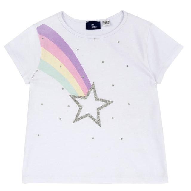 Maglietta manica corta viola per bambina Chicco con stampa unicorno glitterato, in cotone sostenibile Oeko-Tex. | Chicco