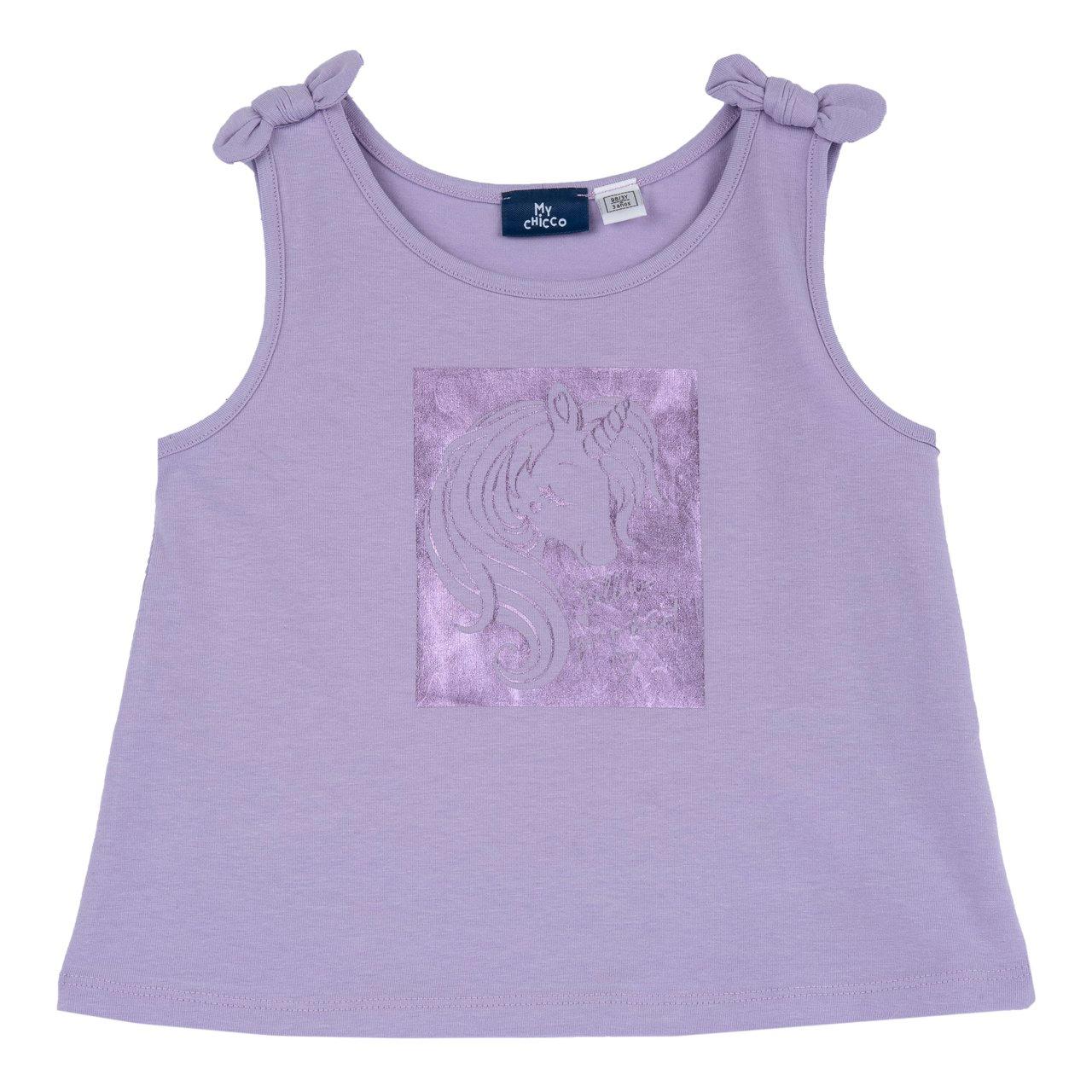 Canotta viola in jersey elasticizzato per bambina con fiocchetti decorativi sulle spalline e stampa effetto lucido, parte della collezione Chicco. | Chicco