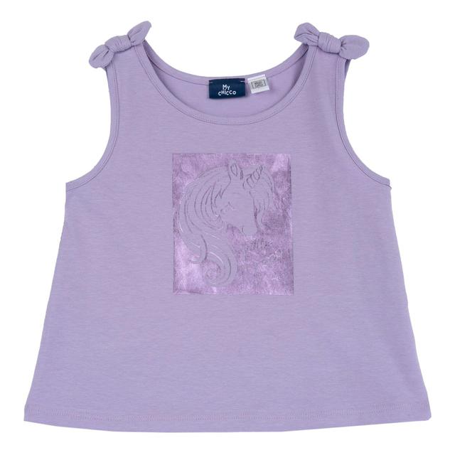 Canotta viola in jersey elasticizzato per bambina con fiocchetti decorativi sulle spalline e stampa effetto lucido, parte della collezione Chicco. | Chicco