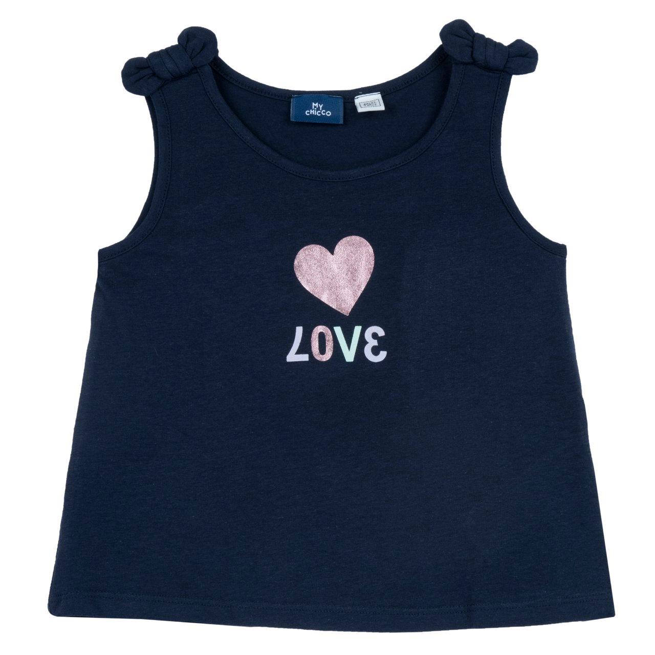 Canotta viola in jersey elasticizzato per bambina con fiocchetti decorativi sulle spalline e stampa effetto lucido, parte della collezione Chicco. | Chicco