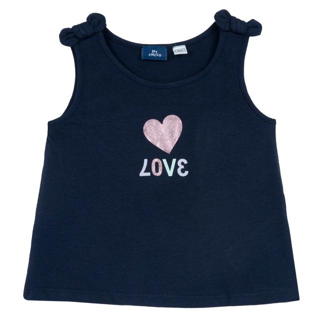 Canotta viola in jersey elasticizzato per bambina con fiocchetti decorativi sulle spalline e stampa effetto lucido, parte della collezione Chicco. | Chicco