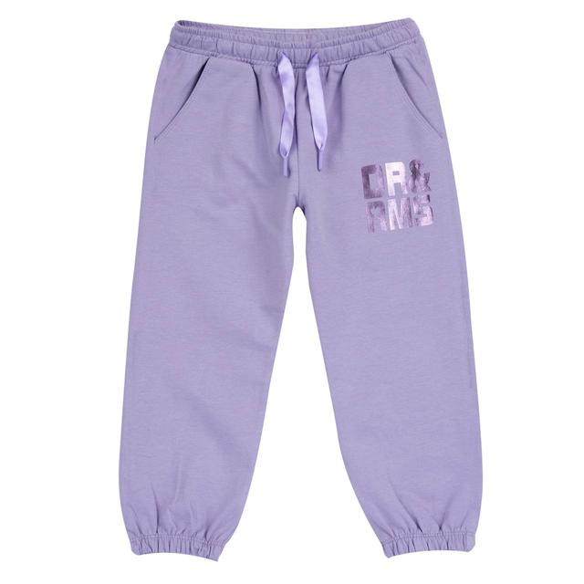 Pantaloni jogger lunghi viola per bambina Chicco in morbida felpa di cotone sostenibile, con vita elasticizzata, cordino in satin e stampa effetto lucido. | Chicco