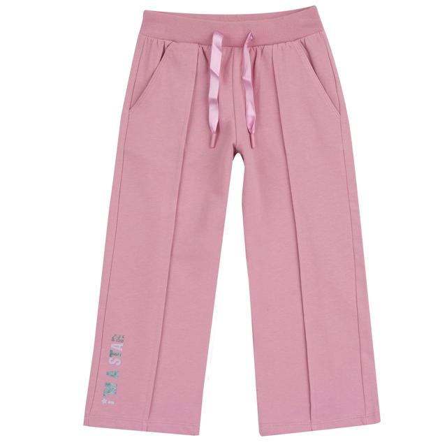 Pantaloni lunghi rosa in morbida felpa di cotone sostenibile per bambina Chicco, con vita elasticizzata, cordino in satin e stampa lucida al fondo gamba. | Chicco