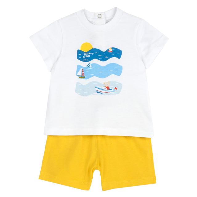 Completo Chicco per bambino in morbido jersey di cotone sostenibile, composto da maglietta a manica corta bianca e pantaloni corti, ideale per la primavera/estate. | Chicco