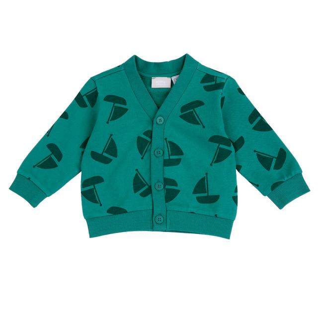 Cardigan verde in felpa di cotone sostenibile per bambino Chicco con fantasia di barchette e bottoni frontali. | Chicco