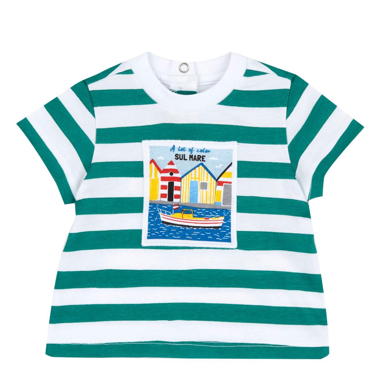 Maglietta a manica corta in cotone biologico per bambino Chicco a righe con stampa barca, colore bianco, con apertura sulla spalla. | Chicco