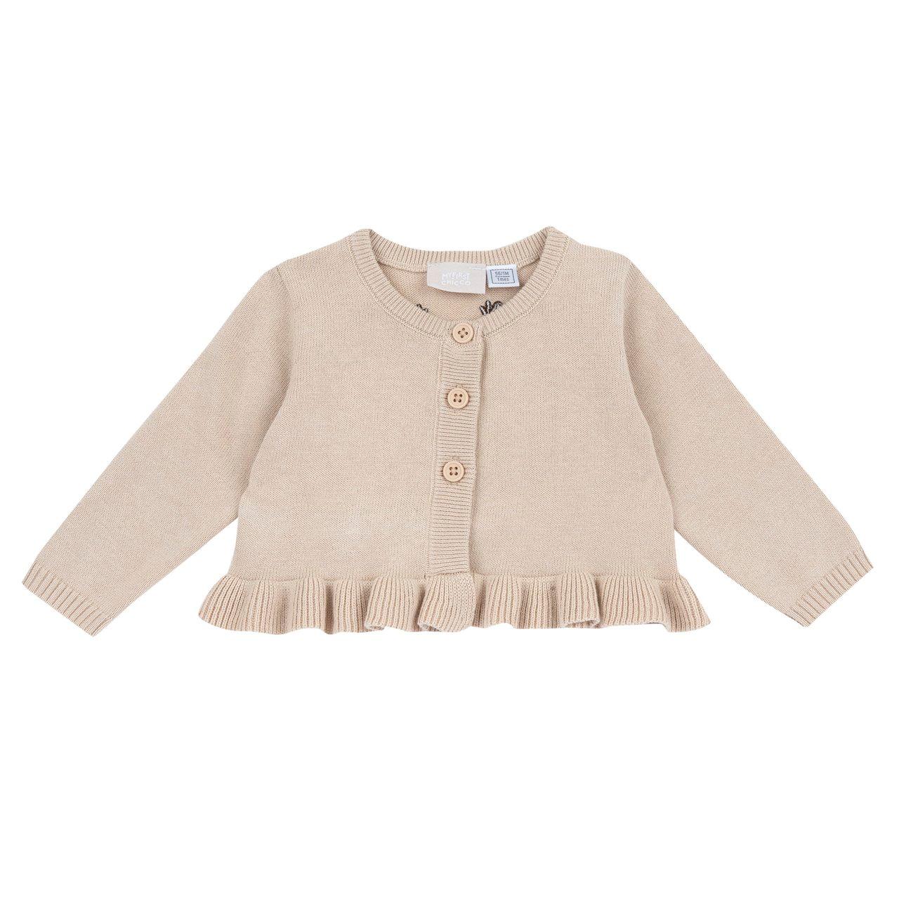 Cardigan girocollo bianco in maglia tricot di cotone per bambina Chicco con balza, ricamo giraffa e fiocchetto in raso. | Chicco