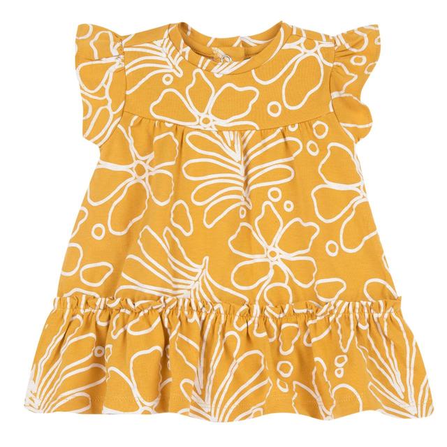 Vestito giallo Chicco per bambina con stampa macrofiori, manica corta ad aletta e bottoncini automatici sul retro, in jersey elasticizzato di cotone sostenibile. | Chicco