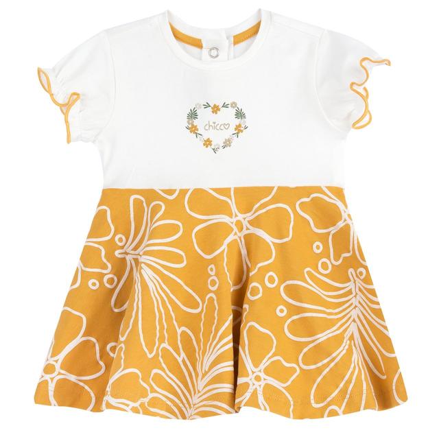 Vestito giallo girocollo Chicco per bambina con maniche a palloncino e stampa macrofiori, in jersey elasticizzato di cotone sostenibile. | Chicco