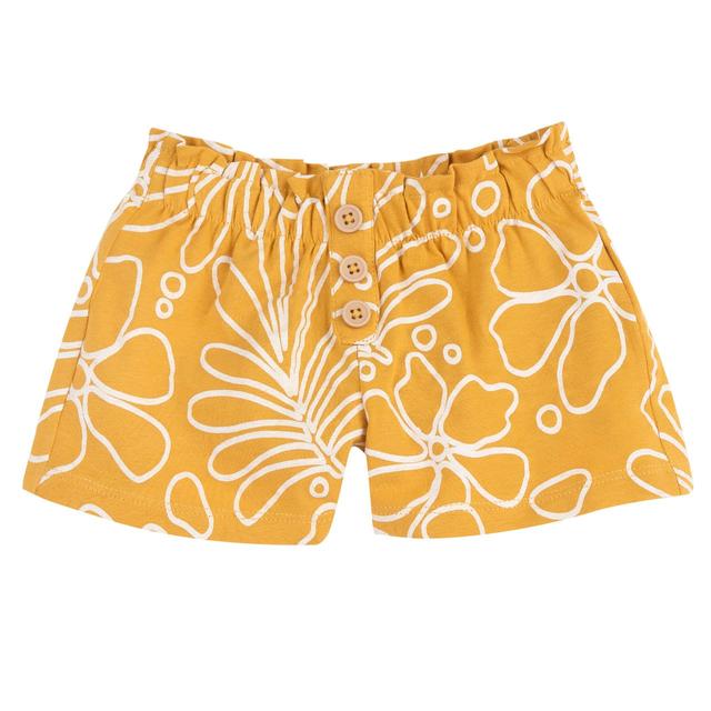 Pantaloni corti gialli in jersey elasticizzato per bambina Chicco con vita elasticizzata e bottoncini effetto legno, ideali per primavera/estate. | Chicco