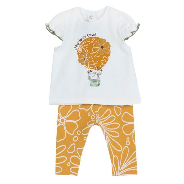 Completo Chicco per bambina con maglietta gialla a maniche a palloncino e leggings fantasia macrofiori, stampa mongolfiera e giraffe in rilievo. | Chicco