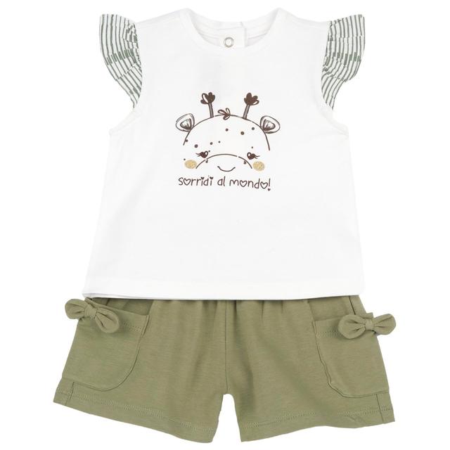 Completo Chicco verde per bambina con maglietta a manica corta e pantaloncini, stampa giraffa glitterata e fiocchetti. | Chicco