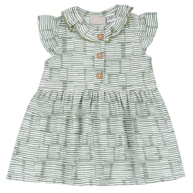 Vestito verde a manica corta per bambina Chicco con stampa a righe irregolari, collo corolla e bottoncini effetto legno. | Chicco