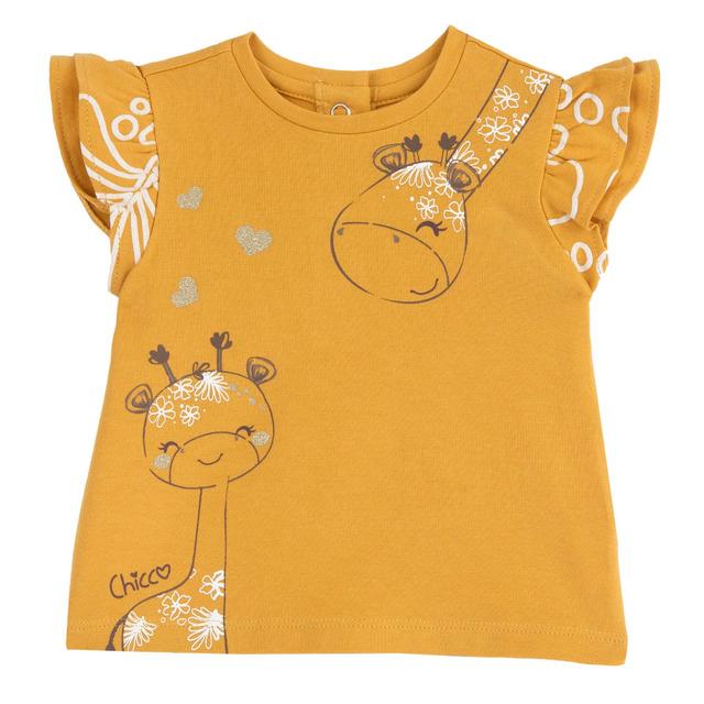 Maglietta a maniche corte gialla per bambina Chicco con stampa di giraffe glitterate, in morbido jersey elasticizzato e cotone sostenibile. | Chicco